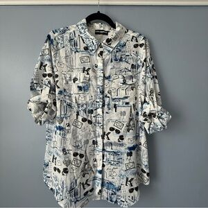 Karl Lagerfeld Paris Women White Blue Combo Whimsical Roll-Tab Shirt Size M NWOT
